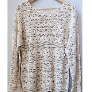 90's Express Tricot Beige Crocheted Botanical Floral Knit Cotton Sweater Small S